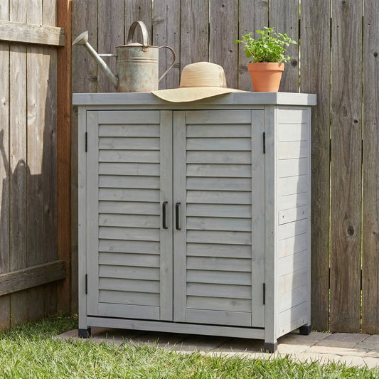 Wooden potting bench with storage cabinet for gardening