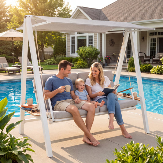 3-seat metal patio swing chair with canopy and cushions