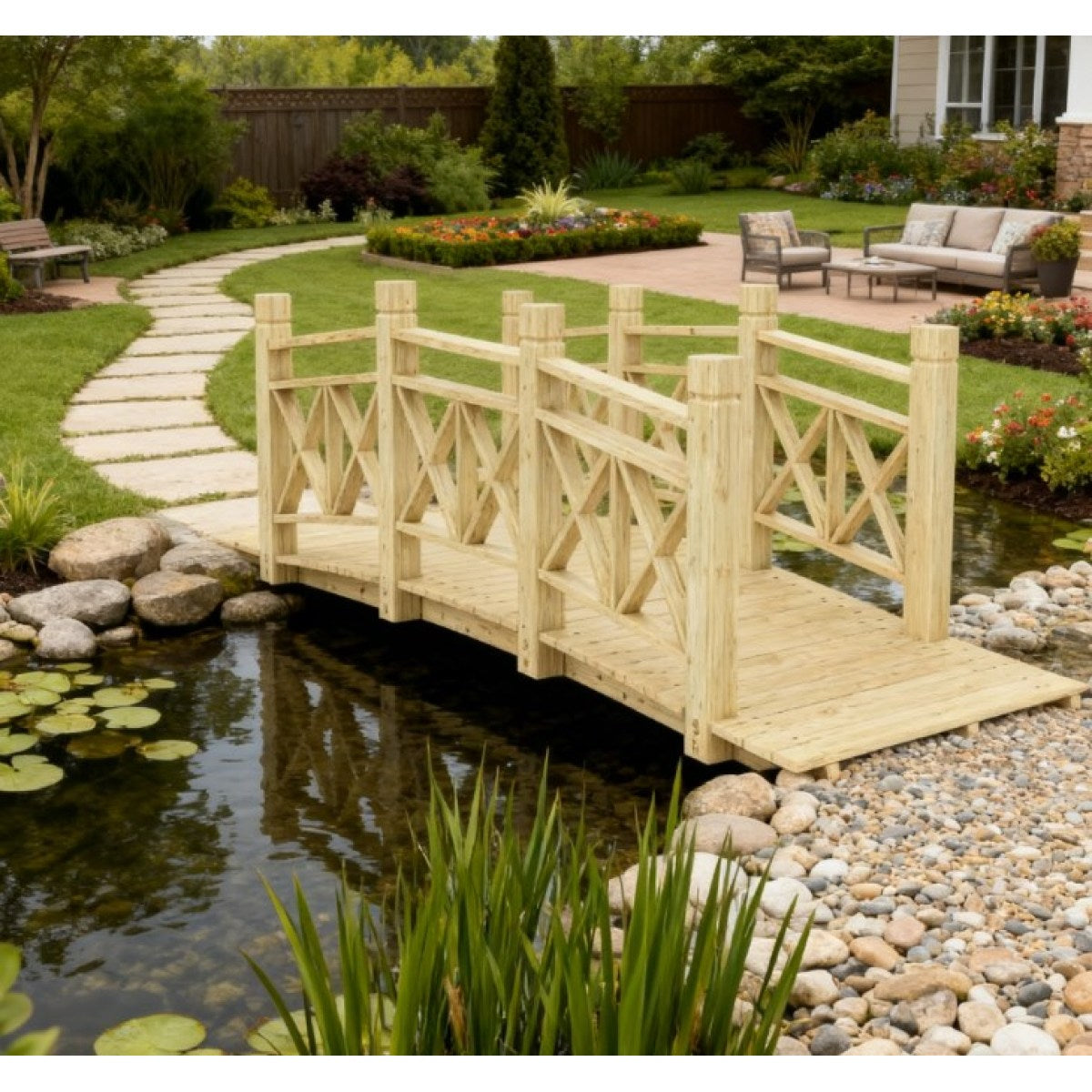 Natural wood garden footbridge over a pond