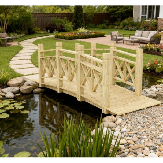 Natural wood garden footbridge over a pond