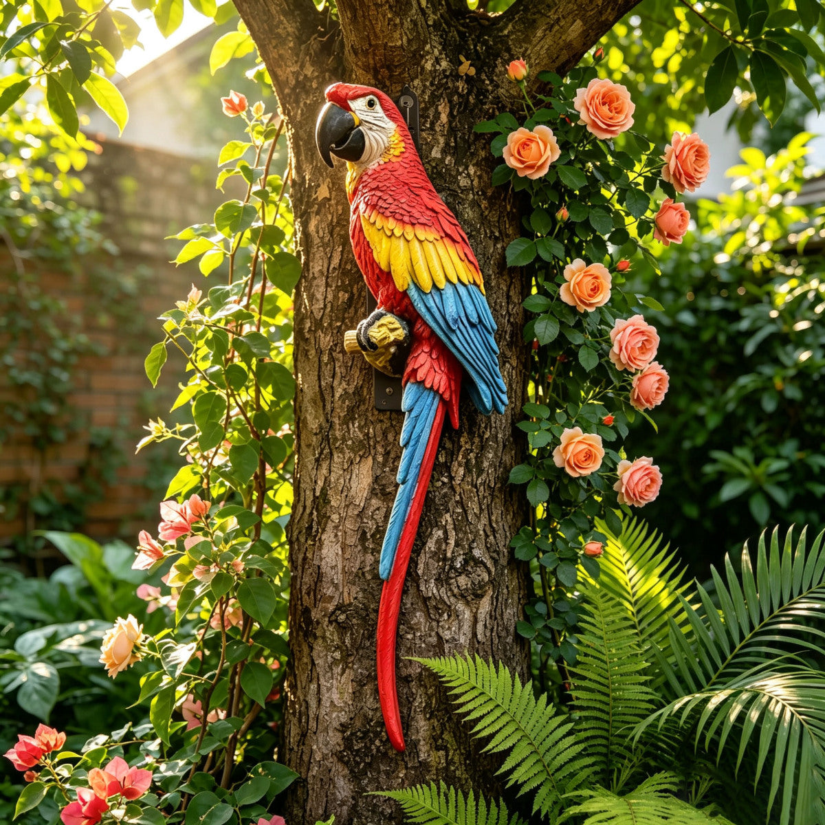 Hanging scarlet macaw parrot garden statue