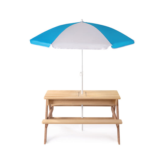 Kids wooden picnic table with umbrella