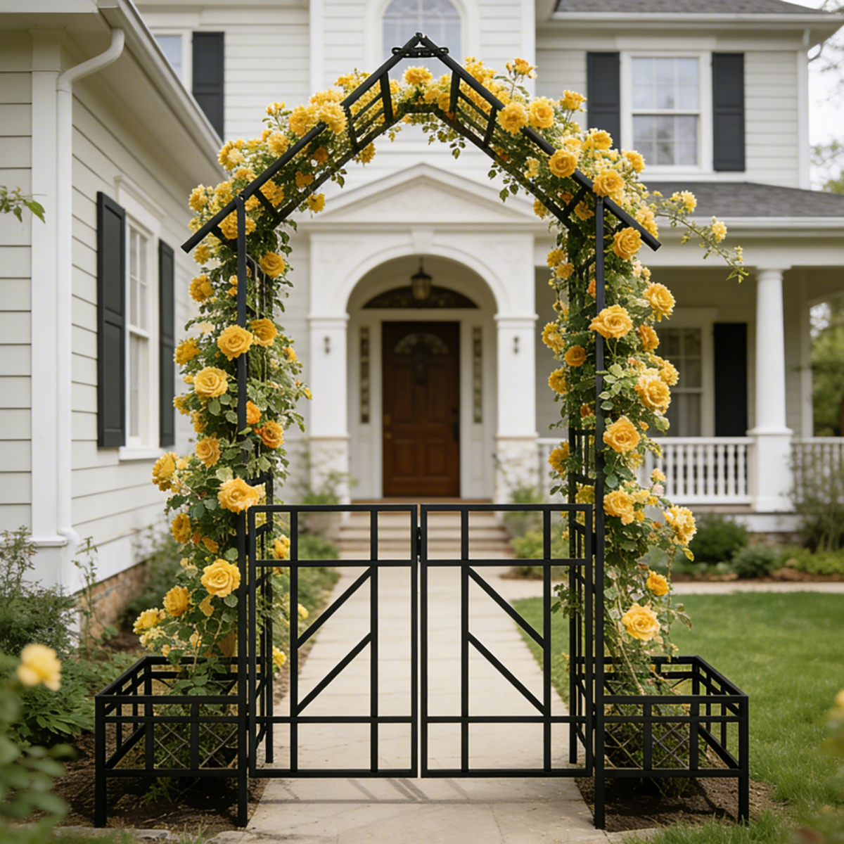 Metal garden arch with gate door for climbing plants