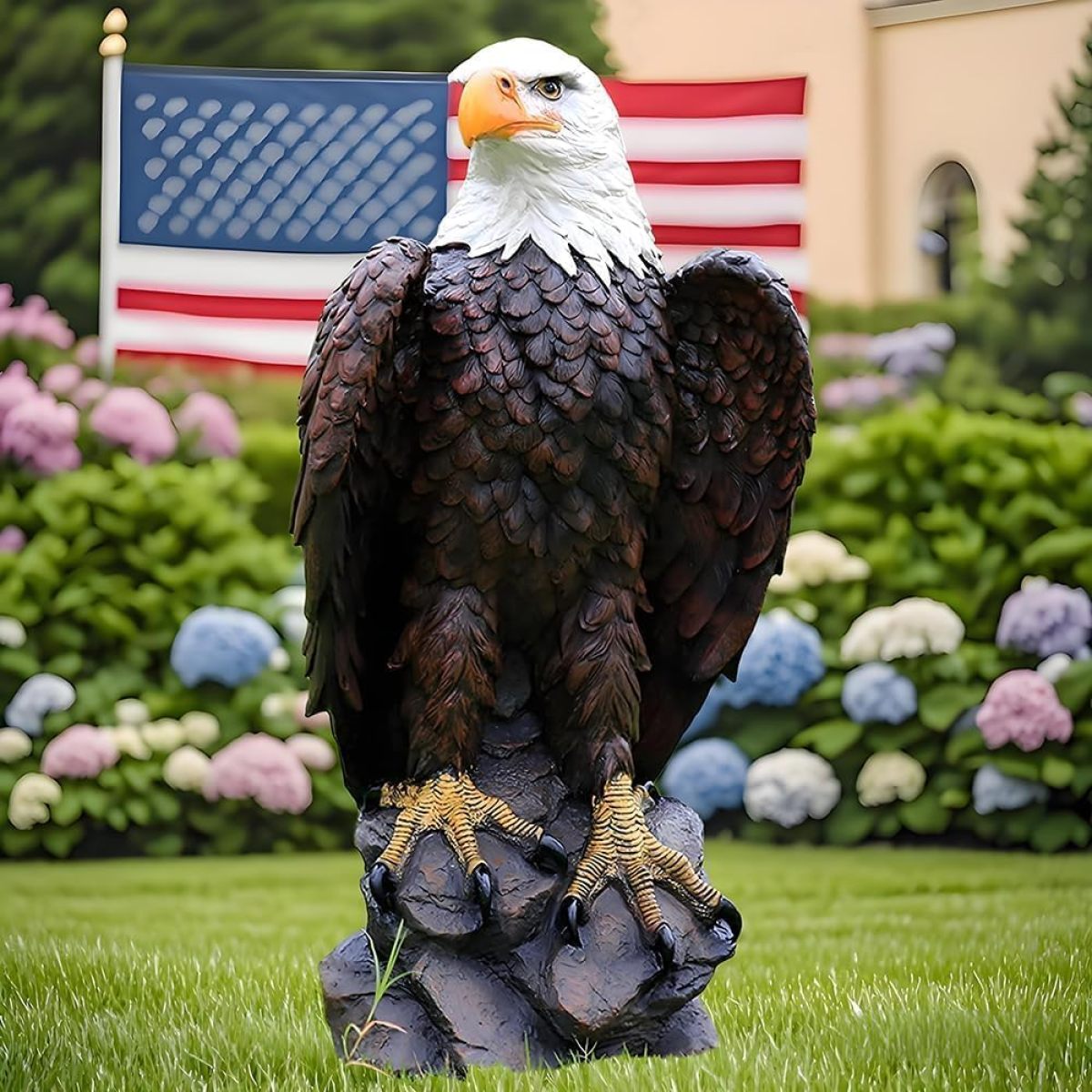 Large standing bald eagle garden statue
