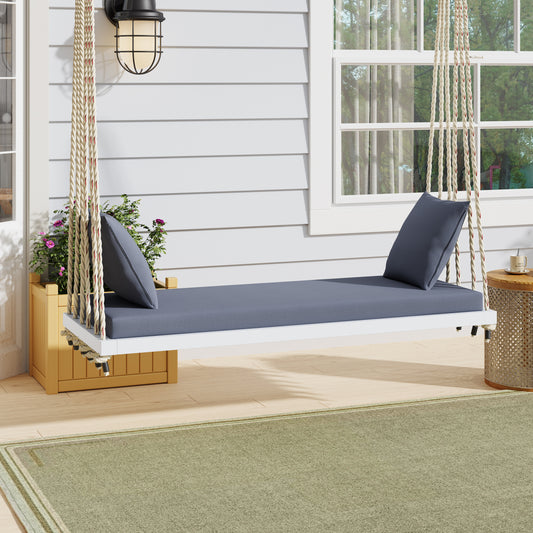 Wooden porch swing chair hanging outdoors