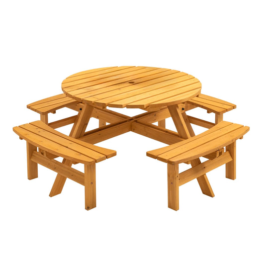 6-person round wooden outdoor picnic table